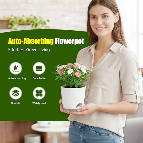 Plant Pots 6 Inch Self Watering Pots,6 Pack Plastic Planters with Drainage Holes and Clear Saucers,Plastic Flower Pots,Nursery Planting Pot for Indoor Out Door Plants (White) - color: White, size: 6 inch