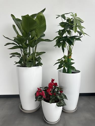 24,21,11 Inch Large Plastic Planters with Drainage Hole and Saucer - Set of 3 Tall Plant Pots Indoor Flower Pot Tall Round Planters Outdoor Large Tall Planter - color: White