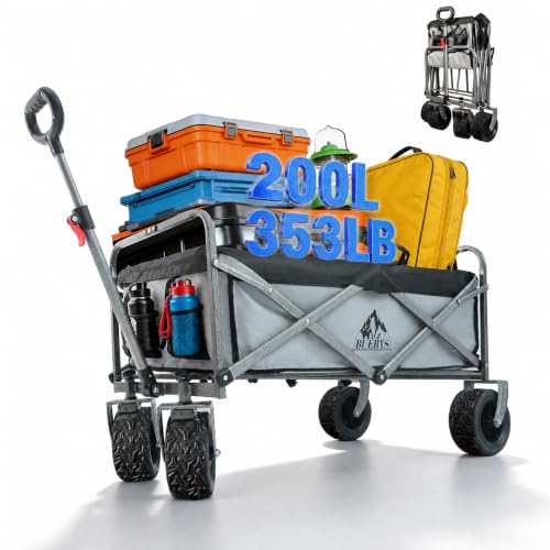 Collapsible Wagon - 600LBS Heavy-Duty Large Capacity Foldable Utility Cart, Oversized All-Terrain Wheels, 3-Second Quick Fold Beach Wagon for Camping, Gardening, Beach & Backcountry Trip - color: Gray