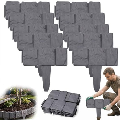 20 Pack Imitation Stone Garden Fence, Landscape Edging, Weatherproof Plastic Border for Flower Beds, Lawn & Walkway