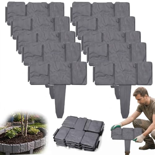 20 Pack Imitation Stone Garden Fence, Landscape Edging, Weatherproof Plastic Border for Flower Beds, Lawn & Walkway
