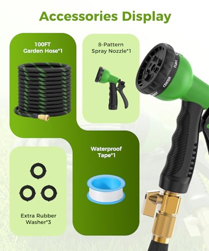 100ft Garden Hose，Non-Expandable Water Hose with 8 Function Spray Nozzle, Burst-Resistant，Kink-Free，Lightweight，Durable & Flexible 3/4" Garden Hose for Gardening, Yard，Lawn, Car Washing - size: 100ft