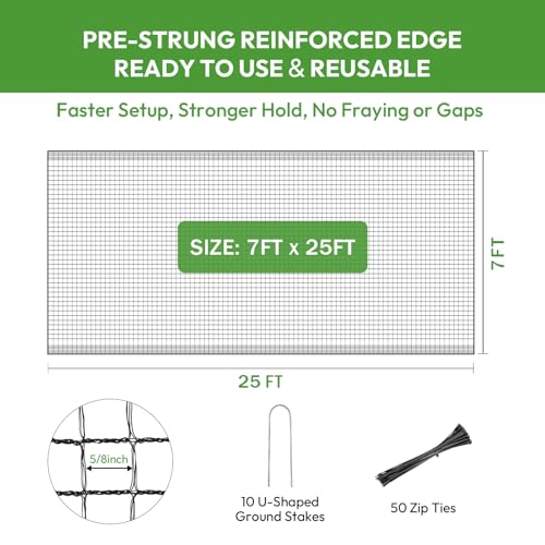 Deer Netting for Garden 7ftx25ft, Plastic Mesh Deer Fence with Pre-Strung Reinforced Edge, Durable Temporary Fencing for Yard, Ideal for Animal Barrier, Snow Fence & Tree/Crop Protection - size: 7ft X 25ft