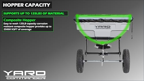 Yard Commander - 125 LB Tow Behind Lawn & Garden Broadcast Spreader - Seed, Fertilizer, Salt, Ice Melt - Premium Aluminum Cast Gears - Gate Lever for Easy Spread Control