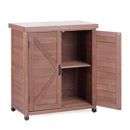 Outdoor Storage Cabinet with Metal Tabletop, Cedar Wood Garden Workstation - color: Dark Brown, size: 31x17x36