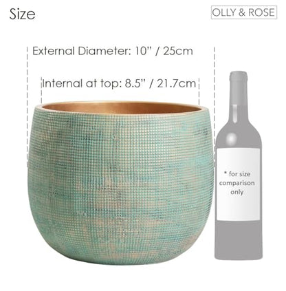 Olly & Rose Bali 10 Inch Ceramic Cement Plant Pot - Indoor & Outdoor Planters - Garden and Flower Pot - color: Gold Teal