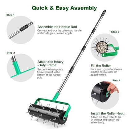 15" Rolling Lawn Aerator, Heavy Duty Push Spike Aeration Tool with 42 Spikes, Filled Pull Behind Garden Drum Roller with 71" Adjustable Handle, Soil Penetrator Push Lawn Aeration for Garden Yard Farm