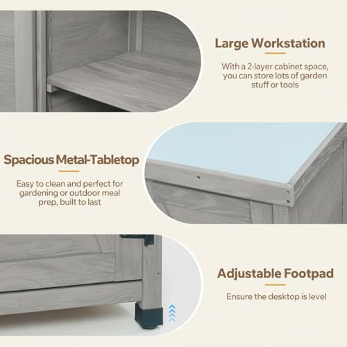 Wood Outdoor Storage Cabinet Potting Bench with Metal Top - color: Gray-B