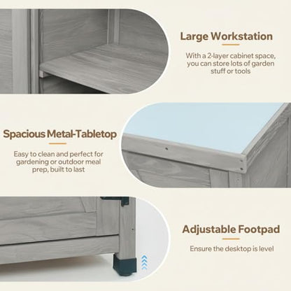 Wood Outdoor Storage Cabinet Potting Bench with Metal Top - color: Gray-B