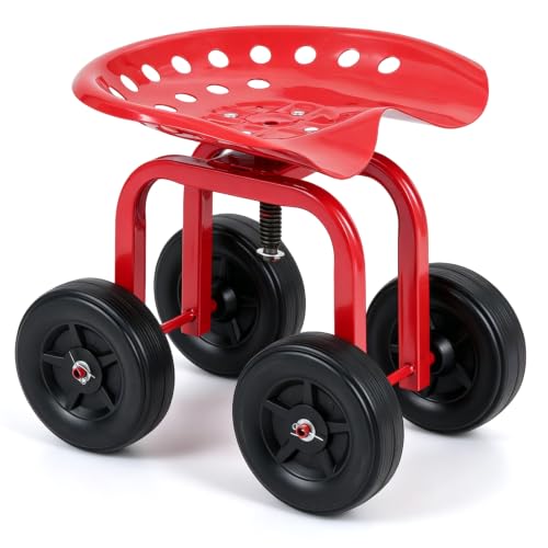 Garden Cart with Seat, Heavy-Duty Rolling Outdoor Wagon Scooter w/Height Adjustable & 360° Swivel Seat, Gardening Work Seat Stool, Patio Scooter on Wheels for Lawn Yard Planting(Red) - color: Red