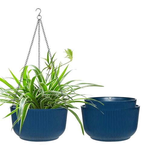 RooTrimmer Hanging Planters 9/10/11 Inch for Indoor Plants, 3 Pack Plant Hanger Outdoor with Drainage Holes, Self Watering Hanging Basket Flower Pot for Garden Home Decor, Dark Blue - color: Dark Blue