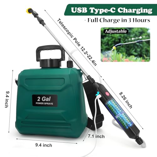 Battery Powered Sprayer 2 Gallon, Powerful Electric Garden Sprayer with 3 Mist Nozzles, USB Rechargeable Handle, Retractable Wand and Adjustable Shoulder Strap for Irrigation, Weeding(Green) - color: Green