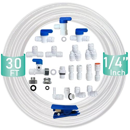 ESHIONG NSF Certified 1/4" O.D. Push to Connect Fittings for RO (Reverse Osmosis) Water Filter（with Shut-Off T Valve）18 pcs+30 feet 1/4" Water tubing. - style: 1/4" Cold Water Adapter Valve Kit