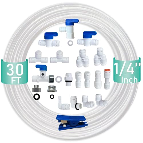 ESHIONG NSF Certified 1/4" O.D. Push to Connect Fittings for RO (Reverse Osmosis) Water Filter（with Shut-Off T Valve）18 pcs+30 feet 1/4" Water tubing. - style: 1/4" Cold Water Adapter Valve Kit