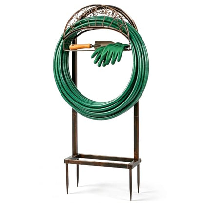 Heavy Duty Garden Hose Holder Stand, Freestanding Detachable with 4 Anchor Spikes, Storage Basket, Rustproof Steel, for Yard Lawn Patio