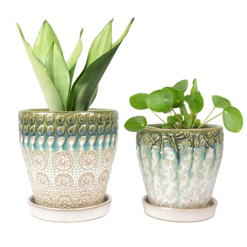 YQSLYSF Ceramic Plant Pots, 6 Inch + 5 Inch Indoor Planters with Drainage