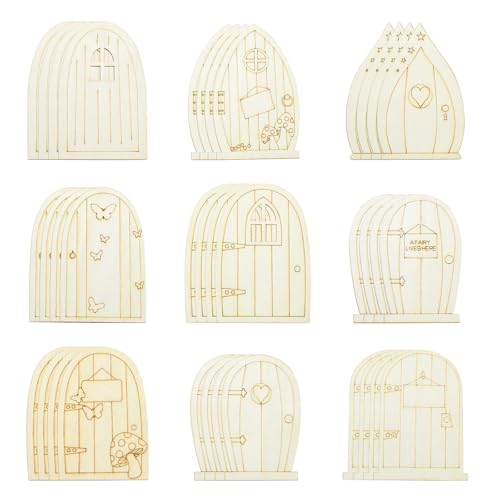 Ipotkitt 36pcs Fairy Door Wood Cutouts 9 Styles Forest Theme Unfinished Mini Wooden Doors for Succulent Pot Decor Miniature Garden Terrarium DIY Crafts - color: Fairy Door Wood Cutouts_36pcs