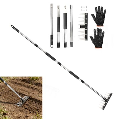 Weed Puller Tool with Long Handle, 3-in-1 Weeding Rake and Weed Remover Tool for Yard, Gardening Long Handle Weeding Tools, Stainless Steel Adjustable Handle, Ergonomic Grip