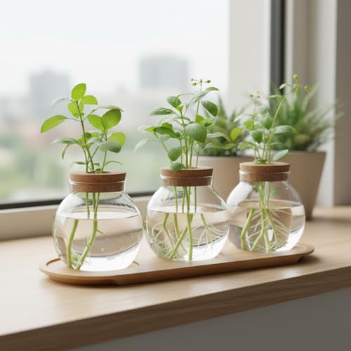 Plant Propagation Station, Glass Propagation Vases with Lid and Wooden Stand, Prop Drops Terrarium Jar for Hydroponics Home Garden Office Decor, 3 Bulb Vase