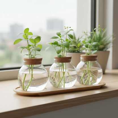 Plant Propagation Station, Glass Propagation Vases with Lid and Wooden Stand, Prop Drops Terrarium Jar for Hydroponics Home Garden Office Decor, 3 Bulb Vase