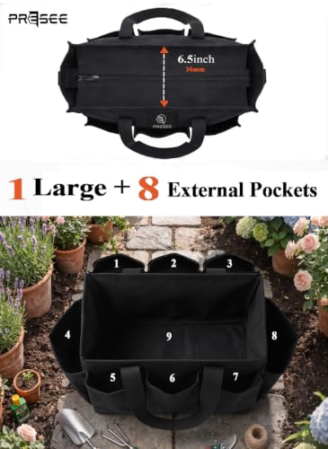 Garden Tool Bag with 9 Pockets & Shoulder Strap, Heavy Duty Gardening Tote Organizer for Tools, Gloves & Supplies, Black