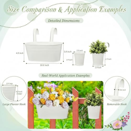 Tessco 4 Pcs 5.3"x10.8" Metal Iron Hanging Flower Pots and 4 Pcs 3.9" Balcony Bucket Planter for Railing Fence White Window Plant Holder Indoor Outdoor Garden Home Decoration with Detachable Hooks