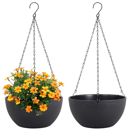 Meowell 8 inch Small Hanging Planters Plant Pots for Indoor Outdoor Plants, 2 Pack Hanging Flower Pots with Drainage Holes and Chain for Garden Porch, Plastic Hanging Baskets for House Plants, Black - color: Black, size: 8inch 2pcs