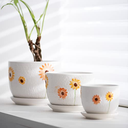 Ceramic Plant Pots,Sunflower Planters with Drainage Holes & Matching Saucer - color: White and Yellow