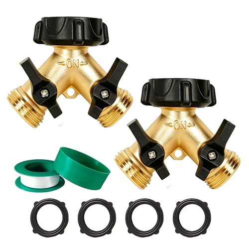 LIULO TOOL 2 Pack Brass Garden Hose Splitter 2 Way, Hose Y Splitter 3/4 Inch Heavy Duty Brass Hose Connector Tap Splitter, Hose Spigot Adapter 2 Valves with Rubber Washers - size: 2 Pack