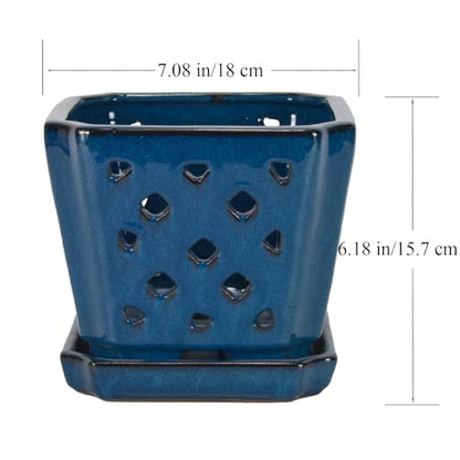 W&W Ceramic Orchid Pot with Holes and Saucer for Repotting, Blue, 7" - color: Blue