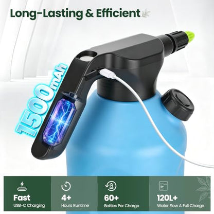 TaroKitc Electric Spray Bottle 2L/0.5 Gallon, 3 Speed Adjustable Battery Powered Garden Sprayer, Rechargeable Automatic Plant Mister with Adjustable Nozzle for Indoor/Outdoor Plants