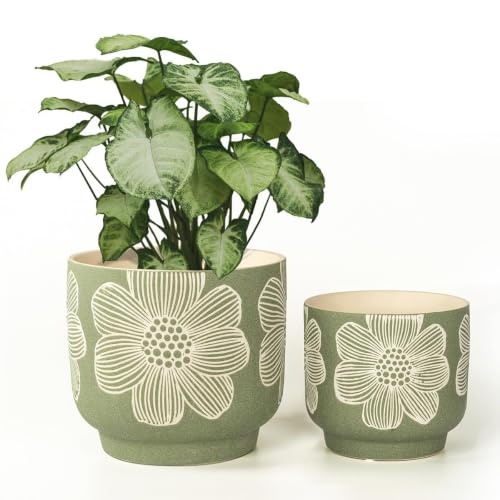 Ceramic Plant Pots, 8+6 Inch, 2 Pcs Indoor Planters with Drainage Holes - color: Modern Green Floral, size: 8+6 Inch