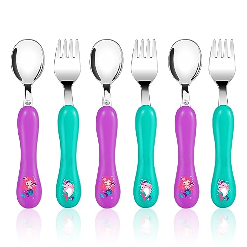 Lehoo Castle Toddler Utensils, 6-Pieces Kids Fork and Spoon Set (Mermaid) - color: Purple + Sea Green