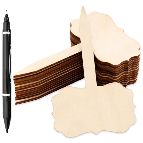 60Pcs Bamboo Plant Labels 1 Marker Pen Rectangle T-Type Wooden Plant Natural Seedling Nursery Sign Tags Wood Garden Markers Decorative Garden Tags for Outdoor Indoor Potted Herbs Flowers