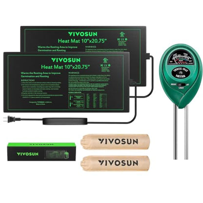 VIVOSUN 2 Pack Durable Waterproof Seedling Heat Mat Warm Hydroponic Heating Pad 10 x 20.75 Inch, Soil Tester, 3-in-1 Plant Moisture Meter Light and PH Tester for Germination, Indoor Gardening, Greenho