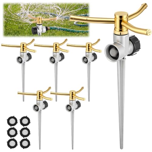6 Pack Metal Lawn Sprinklers for Yard with Brass Nozzle & Aluminum Alloy Spike Base, Adjustable Automatic Garden Water Sprinkler System with Screen Gasket for Yard Lawn Greenhouse(Silver) - color: Silver