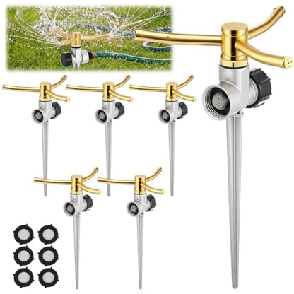 6 Pack Metal Lawn Sprinklers for Yard with Brass Nozzle & Aluminum Alloy Spike Base, Adjustable Automatic Garden Water Sprinkler System with Screen Gasket for Yard Lawn Greenhouse(Silver) - color: Silver