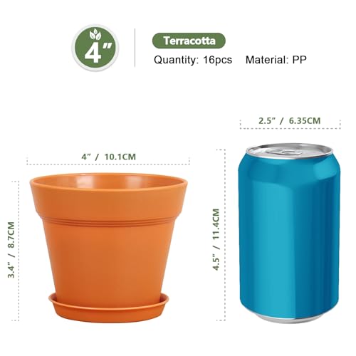 Meowell 4 inch Small Plastic Nursery Pots, 16 Pack Plant Pots for Indoor Outdoor Plants, Flower Pots with Drainage Holes and Saucers, Decorative Seedling Starter Planters for House Plants, Terracotta - color: Terracotta, size: 4inch 16pcs