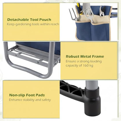 Goplus Foldable Garden Kneeler and Seat, 11" Wide 2-in-1 Gardening Bench, Detachable Thick EVA Foam Pad, 350 lbs Heavy-Duty Metal Frame, Tool Pouch, Portable Stool, Gardening Kit for Seniors (Blue) - color: Blue, style: With Kneeling Pad