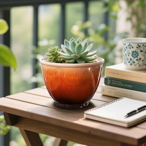8 Inch Plant Pots, Glazed Plastic Indoor Planters with Drainage, 4 Pack - color: Orange