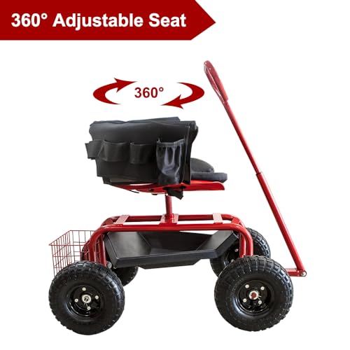THUNDERBAY Garden Cart Rolling Workseat with Wheels, 360 Degree Swivel Seat, Wagon Scooter with Steering Handle & Utility Tool Tray for Planting, with Storage Basket and Tool Pouch, Red - color: Red