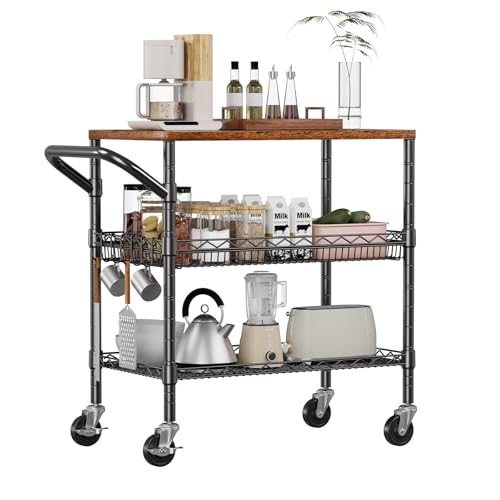WDT 3 Tier Rolling Carts with Wheels, Heavy Duty Rolling Utility Cart with Wood Tabletop, Commercial Grade Metal Cart with Handle and Hooks, NSF Storage Serving Carts for Kitchen Island, Wood+Metal - color: Wood+metal-3 Tier