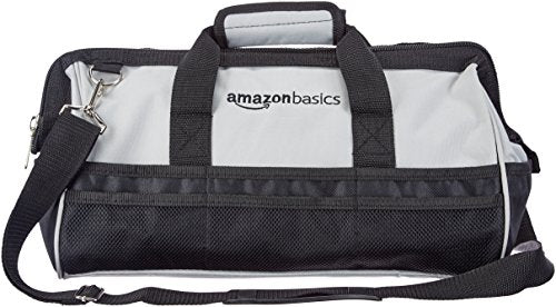 Amazon Basics Durable Wear-Resistant Tool Storage Bag with Adjustable Shoulder Strap, Portable Tool Organizer, 16 in, Black & Grey - size: Large Standard Bag