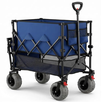 Romswi Heavy Duty Double Decker Wagon 9" Wide Big Wheels, 450LBS Capacity, 48" Extender,400L Large Foldable Wagon Cart, Adjustable Handle, All-Terrain Cart for Beach,Camping,Garden,Navy Blue