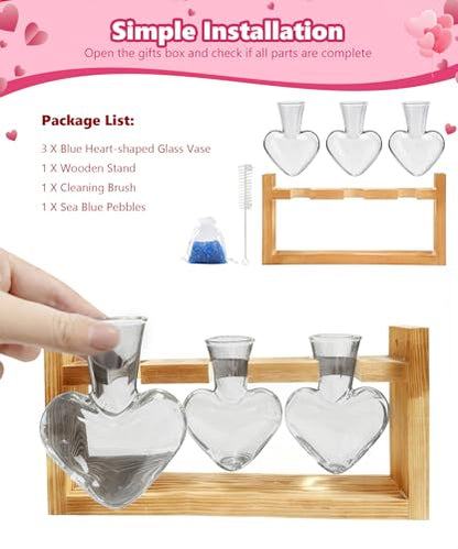 Nacome Plant Terrarium with Wooden Stand, 3 Heart Bulb Glass Vases - color: Light Gray