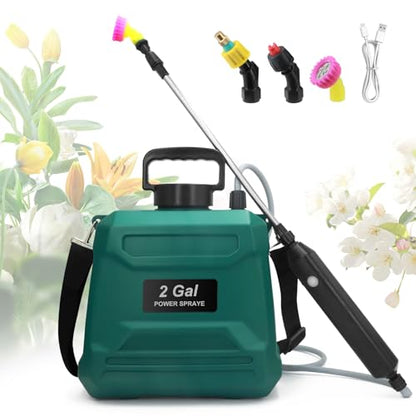 Battery Powered Sprayer 2 Gallon, Powerful Electric Garden Sprayer with 3 Mist Nozzles, USB Rechargeable Handle, Retractable Wand and Adjustable Shoulder Strap for Irrigation, Weeding(Green) - color: Green