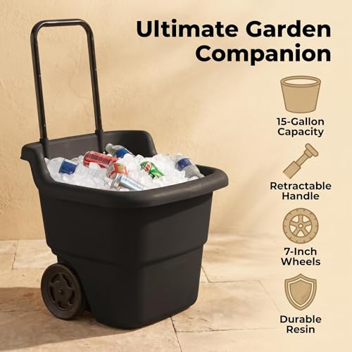 Rolling Garden Cart with Handle, 15 Gallon Lawn Resin Utility Cart