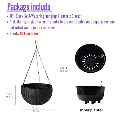 LaLaGreen Indoor Hanging Planters (11in, 3 Pack) Self-Watering Flower Pots - color: Black X 3