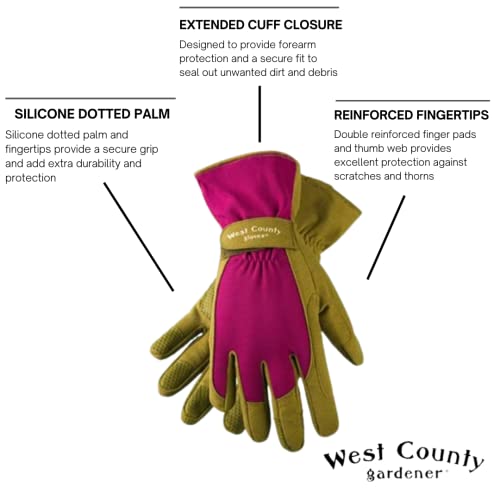 West County 074B/M Classic Gloves – Medium, Berry, Gardening Gloves w/ Extended Cuff, Dotted Palm and Finger Tips - size: Medium