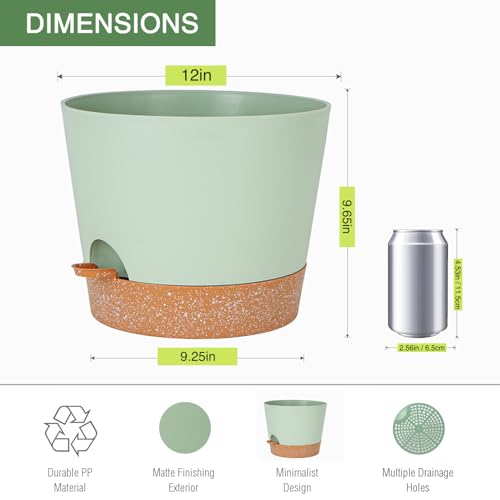 SwinDuck 12inch Large Self Watering Plant Pot, Plastic Cylinder Planter with 60Oz Deep Reservoir and Saucer for Indoor Outdoor Plants Flowers Houseplants, Green with Brown - color: Green With Brown